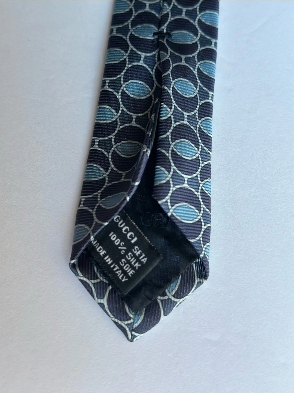 Gucci Mens Silk Tie Blue Geometric Circle Pattern Made In Italy Authentic